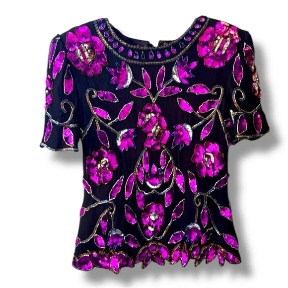 GORGEOUS RAZZLE DAZZLE 100% silk beaded top Sz M black purple sequins luxurious - Picture 1 of 10